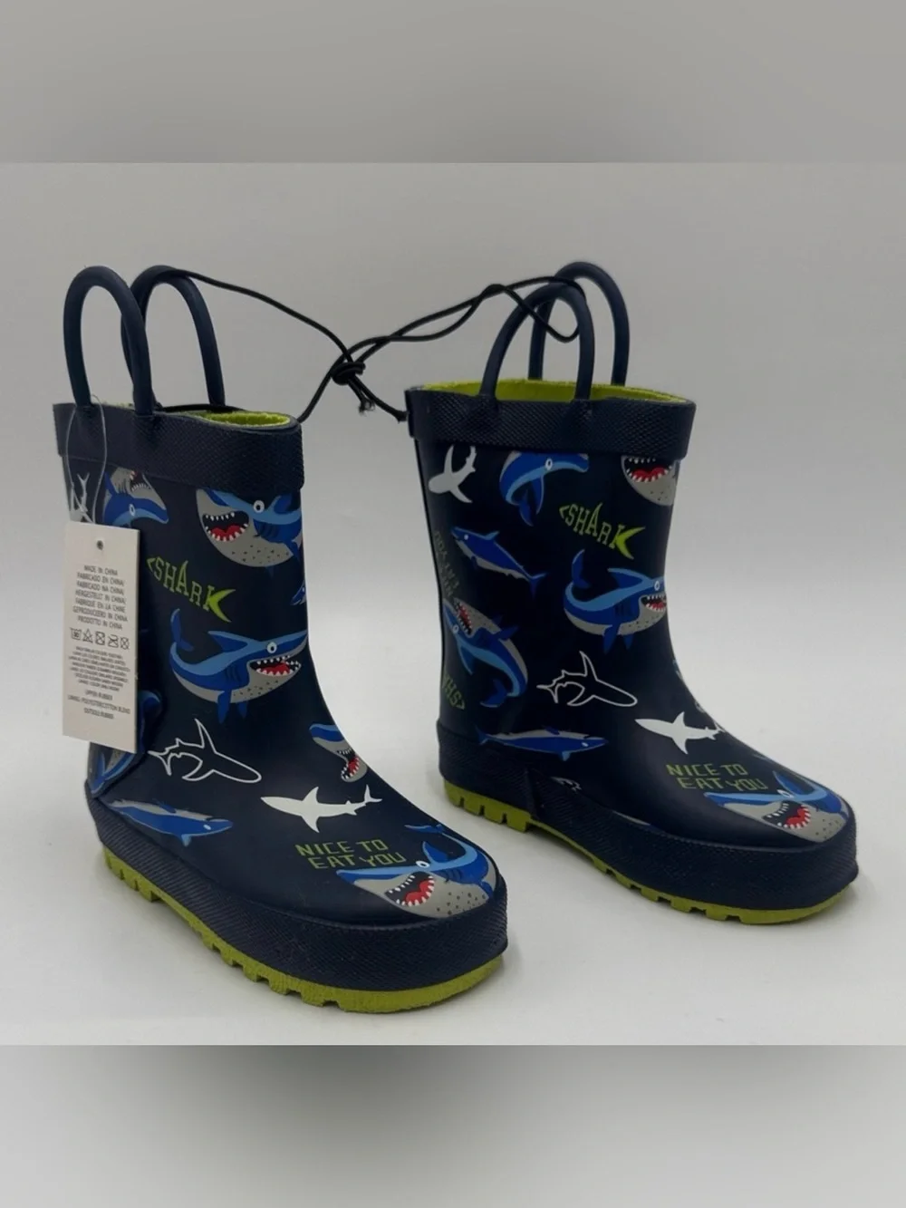 KomfortMe Kids Rain Boots Shark Print Navy Blue Toddler Size 6 & Youth Size 12